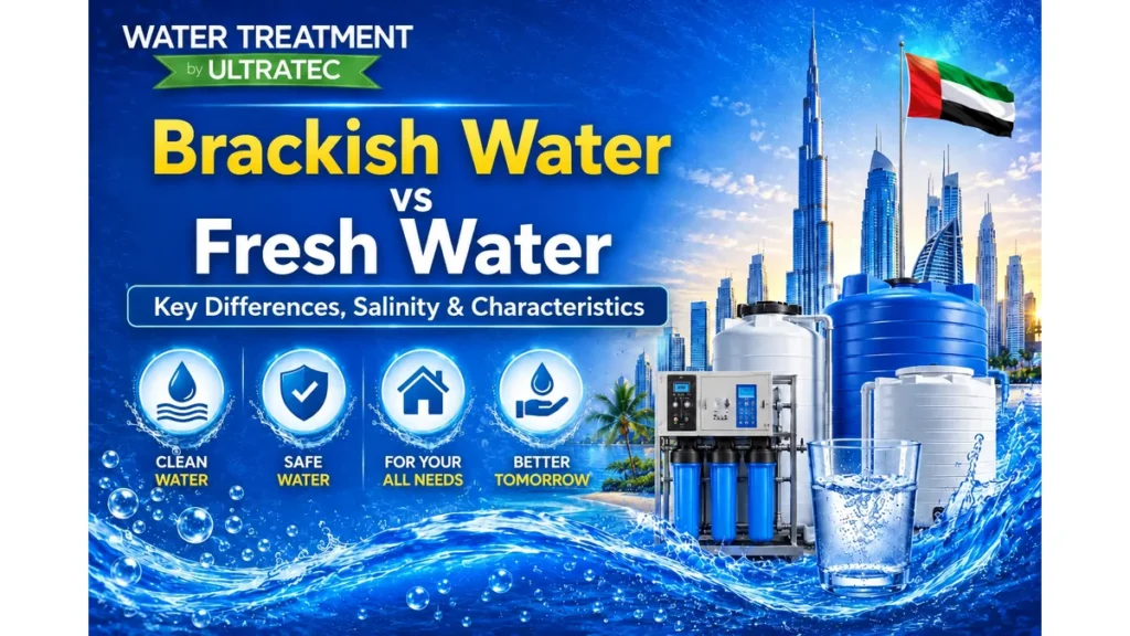 Brackish Water vs Fresh Water comparison infographic showing salinity levels, TDS differences, water characteristics, treatment solutions, water storage tanks, laboratory beaker, and UAE water treatment systems.